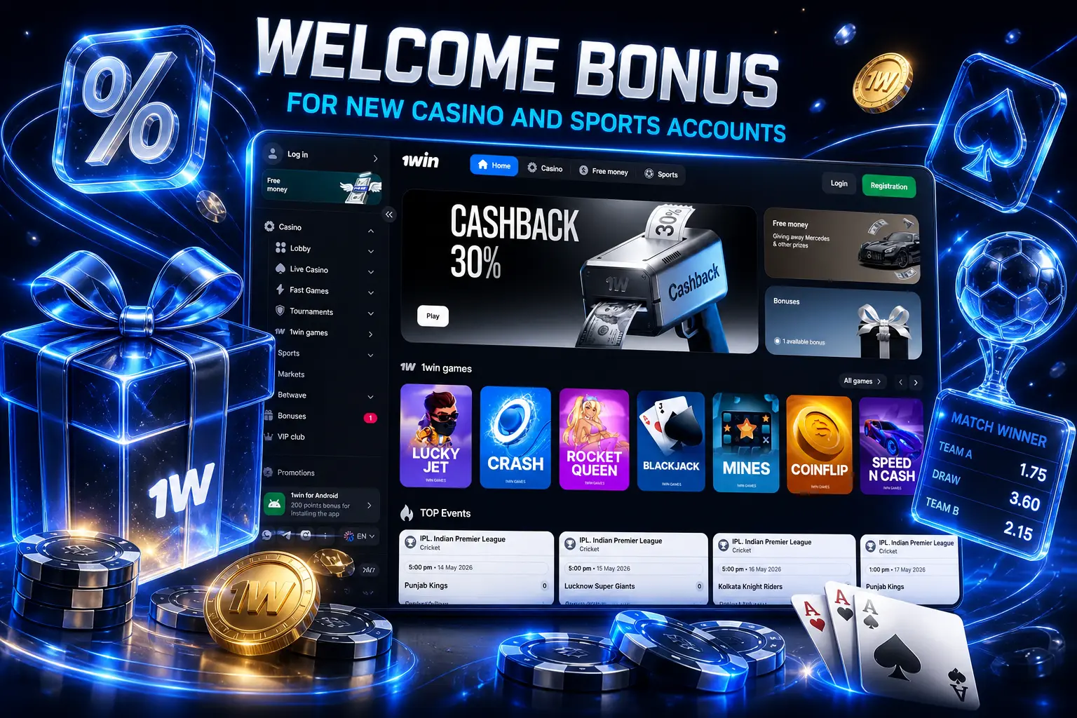 Welcome bonus package for new casino and sports accounts on 1win